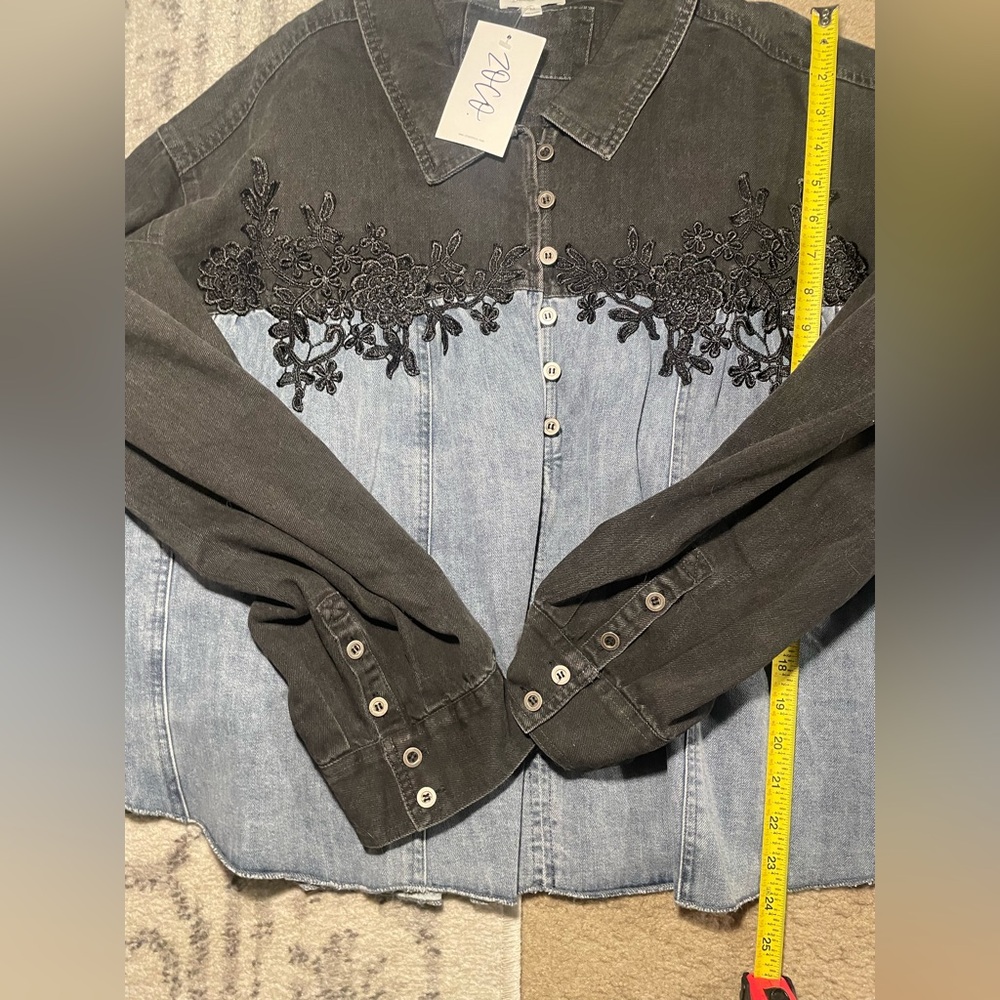 SHOP ZOCO. Silverado Black and Blue Denim Jacket with Floral Detail NWT - Picture 12 of 16